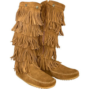 Minnetonka Women's Brown Suede Leather Fringe Boho Festival Zip Up Tall Boot 8